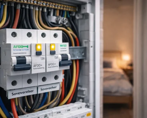 AFDD afbryder set med soveværelse i baggrunden