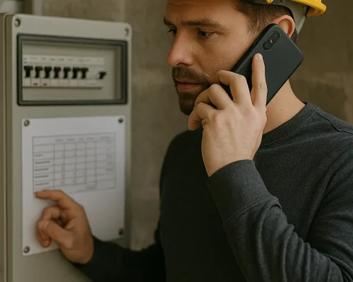Byggeleder taler i telefon vedrørende pris på byggestrøm