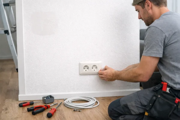 Elektriker i gang med flytning af stikkontakt i dansk hjem