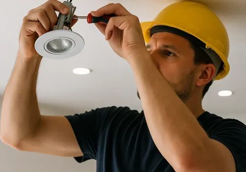 Elektriker i gang med installation af indbyggede LED-spots i lejlighed