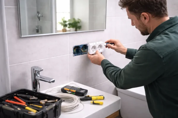Elektriker installerer stik paa badevaerelse